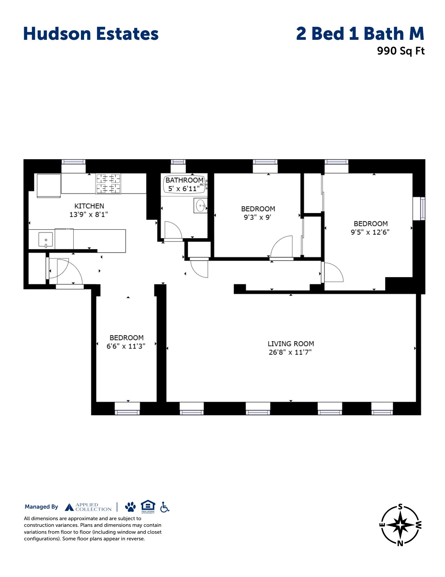 Floor plan for 2 beds, 1 bath, 990 sqft